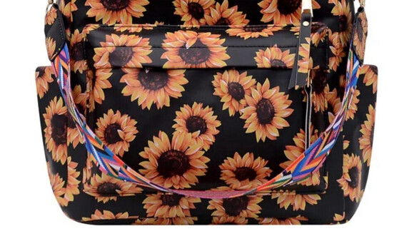Sunflower Print Backpack In Black - Picture 2 of 3